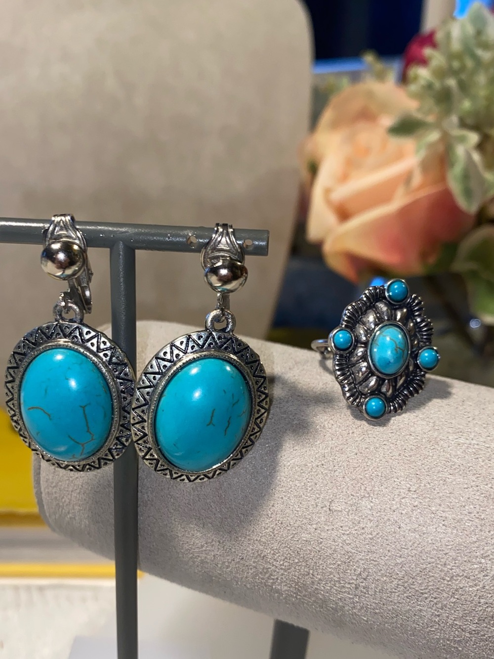Turquoise Oval Statement Ring and Earrings